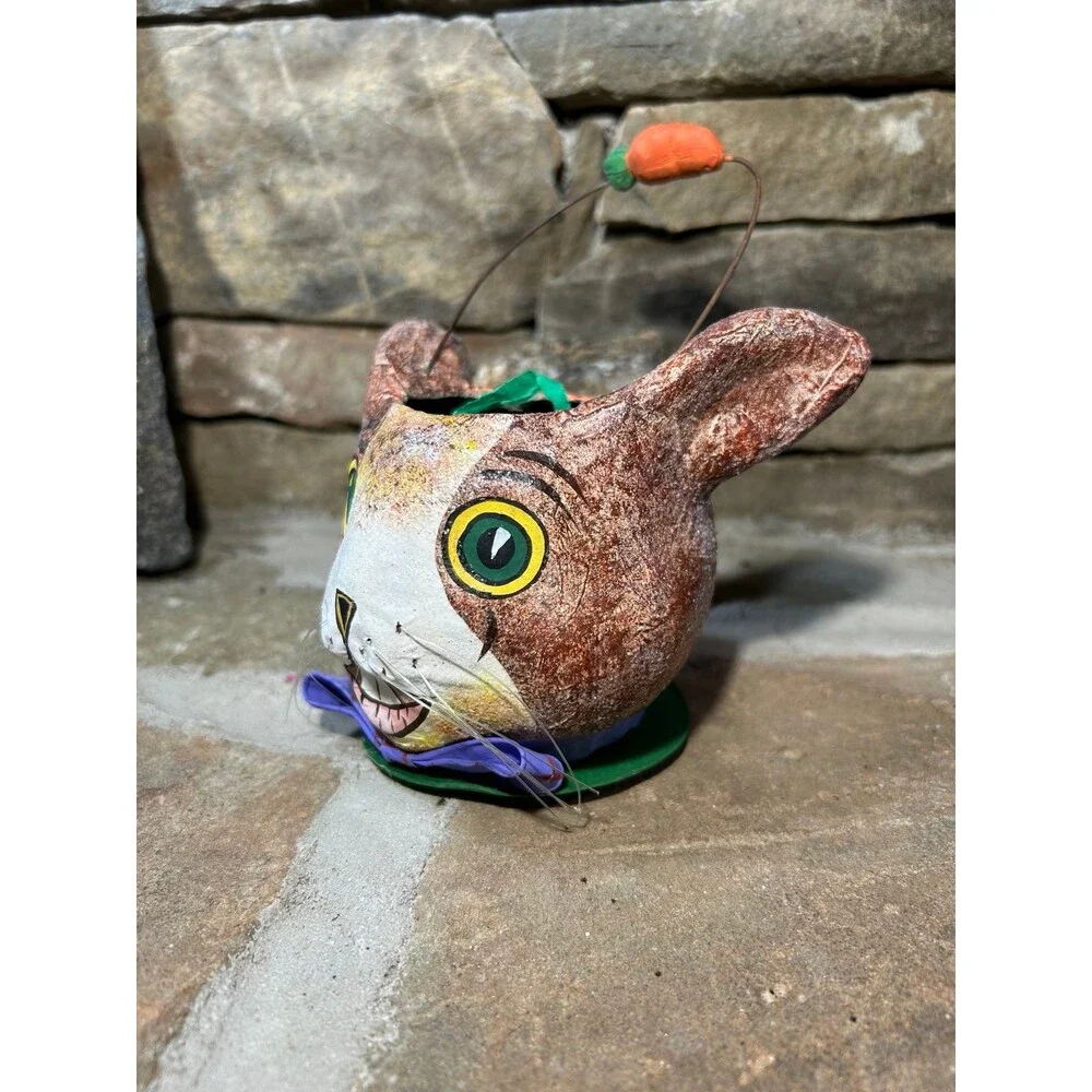 Dept 56 Paper Mache Bunny Rabbit Easter Spring Hand Painted Candy Bucket